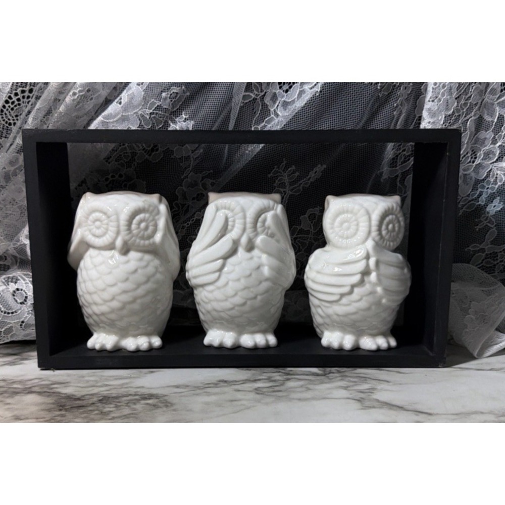 Owls Ceramic in Frame ~ See No Evil, Hear no Evil, Speak No Evil 11.5x6.5 (2976)